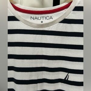 Nautica Womens Navy & White Striped Tee, shortsleeve Med. All cotton, made India